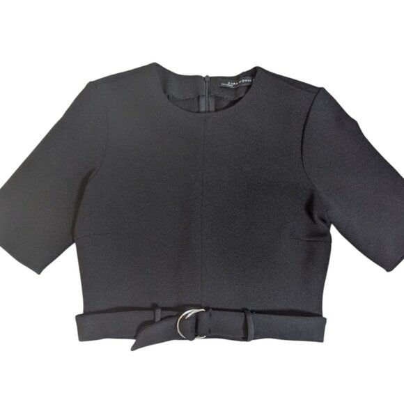 Zara Woman Black Belted Waist Crop Blouse Top - Picture 2 of 3